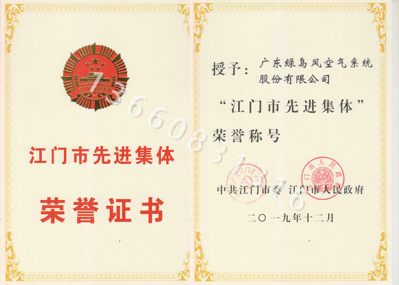 江门市先进集体荣誉证书